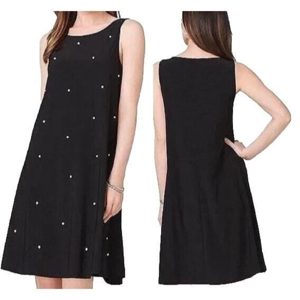 Roz & Ali Womens Black Faux Pearl Embellished Sleeveless Shift Dress XS New
